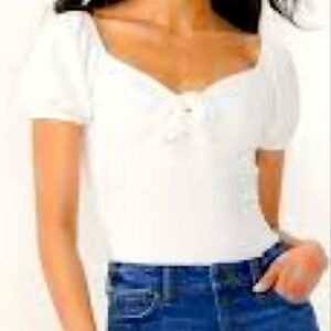 Lauren Conrad White Ribbed Thong Bodysuit Puff Shoulders and Bow